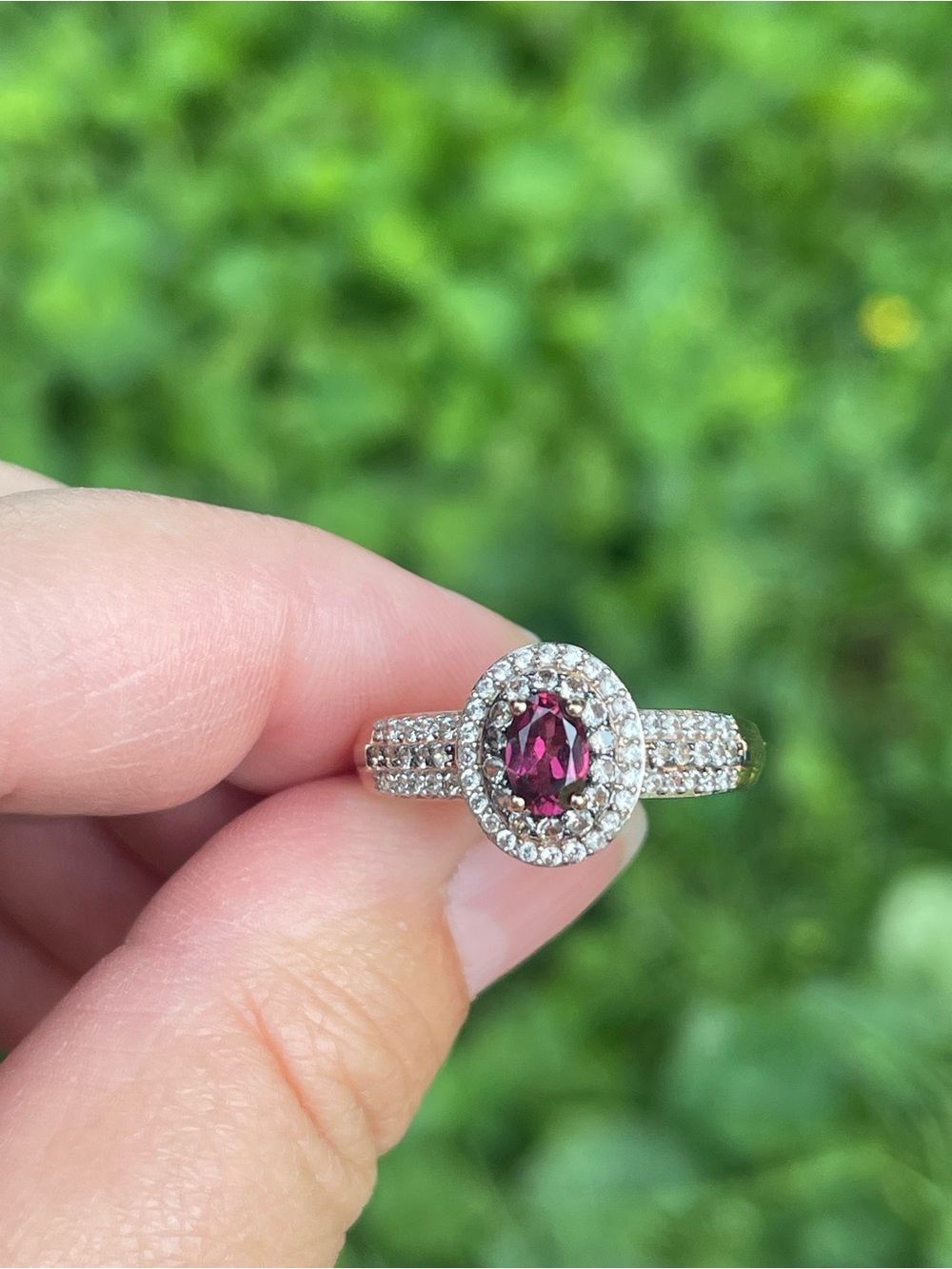 Magenta Garnet and Multi Colored Zircon Halo Ring